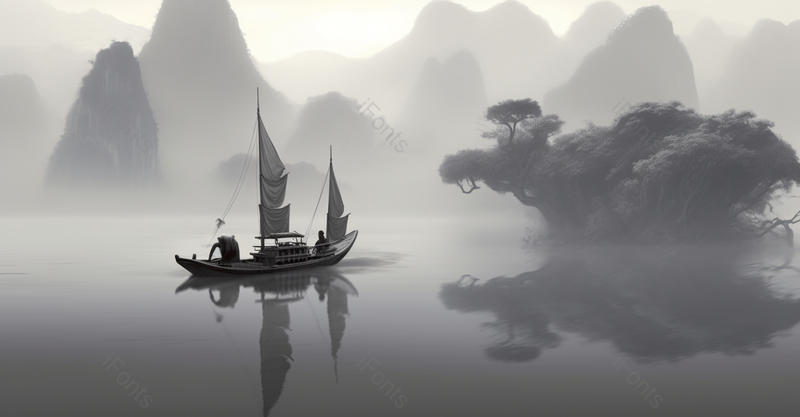 中国风质感山水画油画风景艺术背景插画帆船小船垂钓,插画/手绘图,插画/手绘图库,插画/手绘图下载,插画/手绘